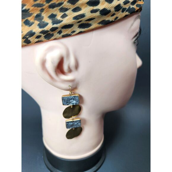 Boho Chic Gold & Gray Stone Dangle Earrings Geometric Modern Statement Luxury - Picture 2 of 6